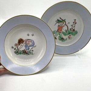 Vintage Signed 1954 Denmark Ceramic Hand Painted Blue Rim Child's Plate Bowl Set